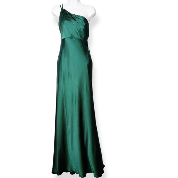 IEENA by Mac Duggal NEW One Shoulder Double Strap Green Satin Gown Maxi Dress 6 - Picture 2 of 10